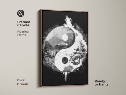 Framed canvas of Yin Yang abstract art with a brown floating frame. Black and white surrealism brings zen balance. Ready to hang for contemplative office art. Ideal for Feng Shui wall art.