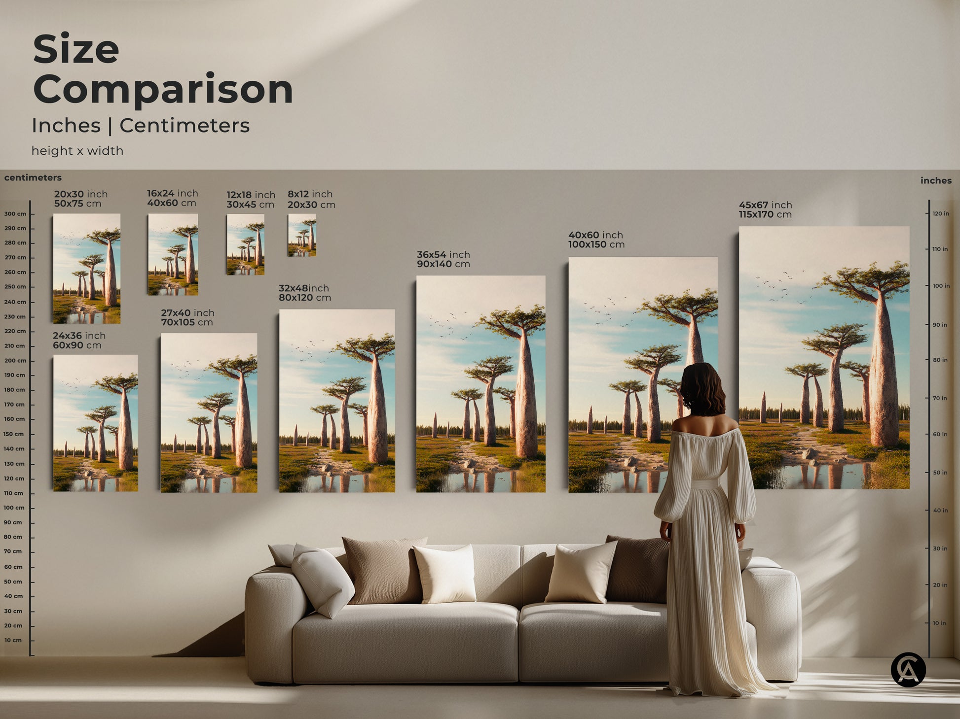 Size comparison of baobab tree artwork in inches and centimeters. Various sizes are displayed above a sofa with a model for scale. Choose from canvas or poster prints to enhance your home decor. It is a perfect nature lovers gift.