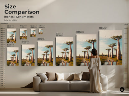 Size comparison of baobab tree artwork in inches and centimeters. Various sizes are displayed above a sofa with a model for scale. Choose from canvas or poster prints to enhance your home decor. It is a perfect nature lovers gift.