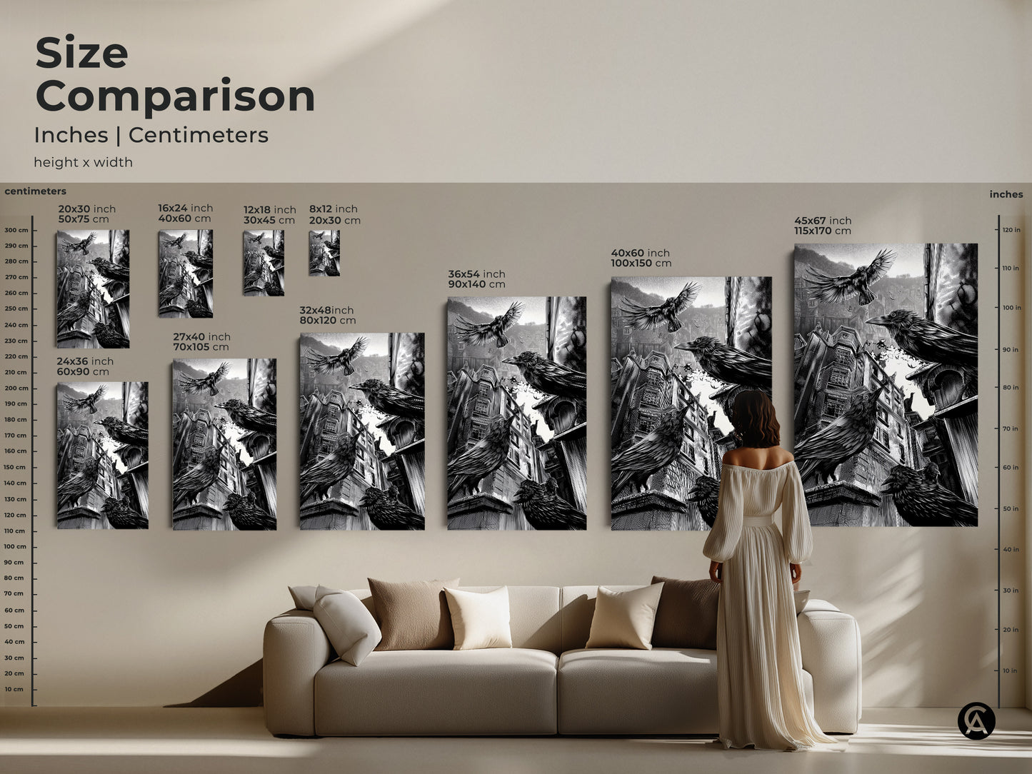 Size comparison of gothic crow art prints in a living room setting. See how the black and white urban cityscape art fits above your sofa. Visualize the impact of this dark academia piece in your home. Perfect for gothic decor or as a Halloween gift. Transform your space.