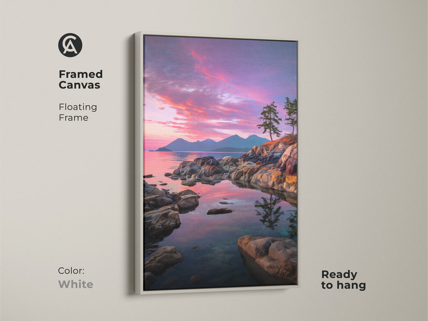 Framed canvas print featuring a coastal sunset with a white floating frame. The rocky coastline and pine trees are highlighted against a pink purple sky. This scenic nature print is ready to hang. Perfect for coastal or modern decor.