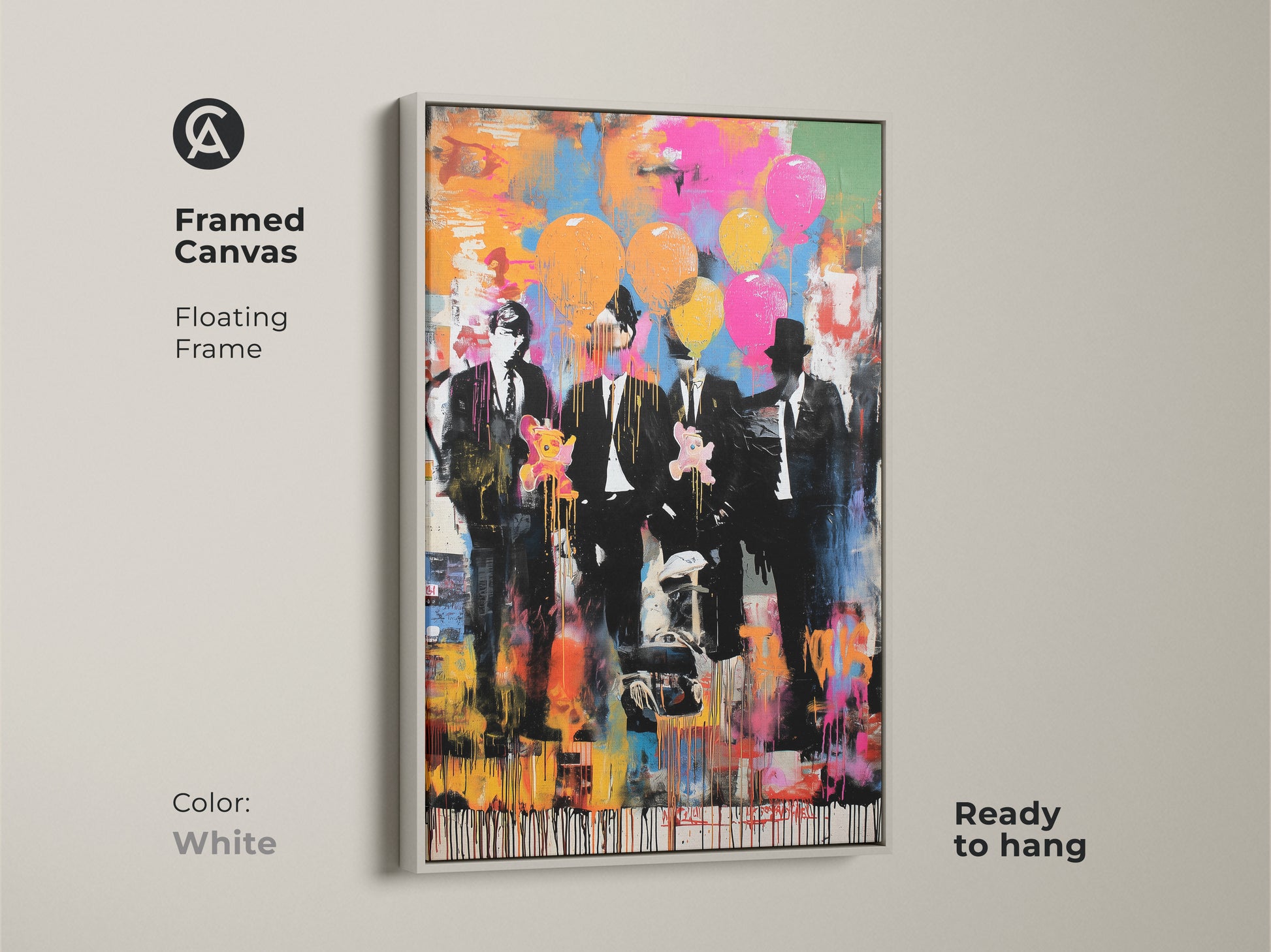 This framed canvas features graffiti style men in suits. The floating frame is white. It is ready to hang. This abstract balloon print blends pop culture and graffiti. The eclectic art includes pink blue and orange hues. It's perfect for office spaces.