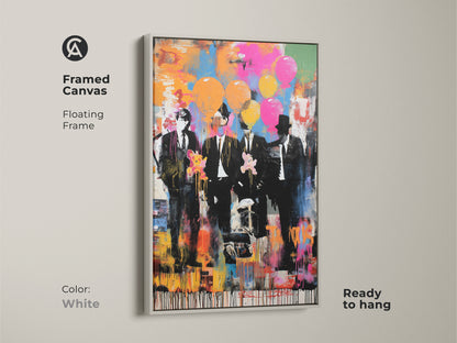 This framed canvas features graffiti style men in suits. The floating frame is white. It is ready to hang. This abstract balloon print blends pop culture and graffiti. The eclectic art includes pink blue and orange hues. It's perfect for office spaces.