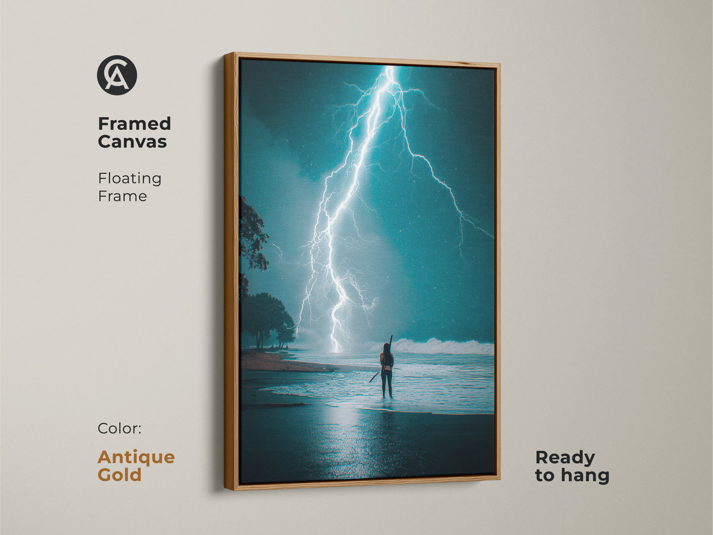 Framed canvas of an electric blue ocean storm with an antique gold floating frame. The artwork captures a surfer facing a lightning strike. Ready to hang it's perfect for modern homes. This contemporary piece brings a dramatic sky to any room. It's ideal for those who love powerful nature artwork.