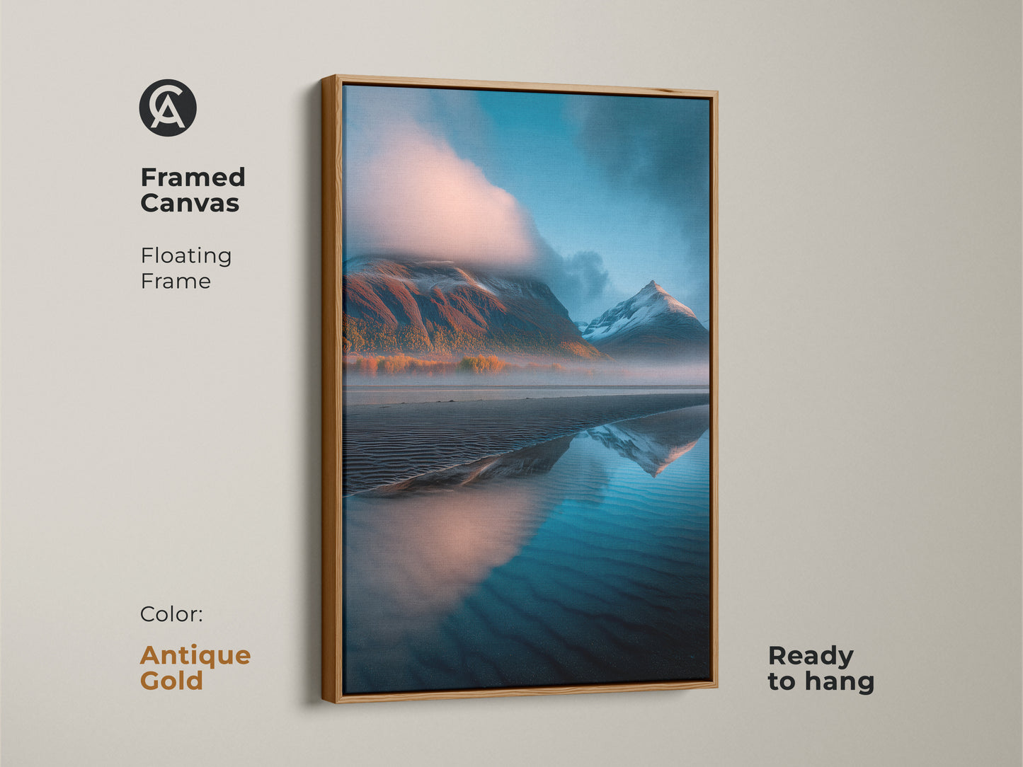 Framed canvas displaying a mountain lake landscape with an antique gold floating frame. The blue orange teal art complements any room. A scenic nature photography print.