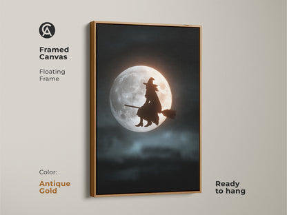 Framed canvas art of a witch silhouette flying in front of the moon. The antique gold floating frame adds elegance to this Halloween witch silhouette. This celestial witch art is ready to hang. It's perfect for mystical moon canvas decor.