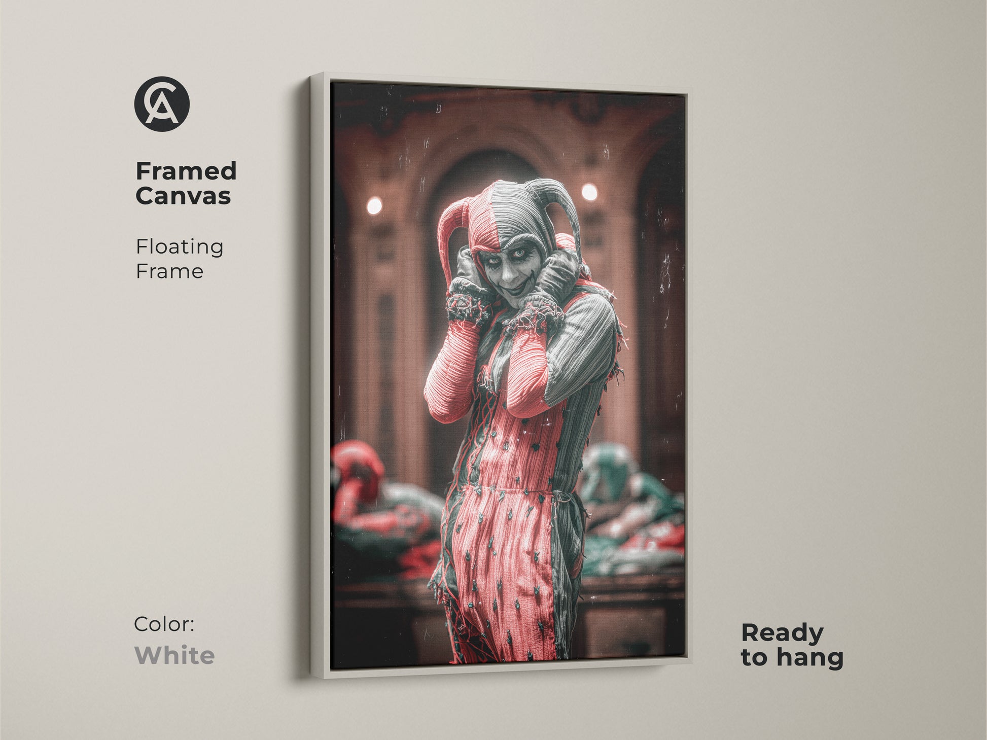 Gothic Crimson & Black canvas artwork with white frame. Ideal for alternative spaces and dark academia art lovers. This framed print is ready to hang. A unique harlequin jester wall art that brings macabre vibes to any room or office workspace.