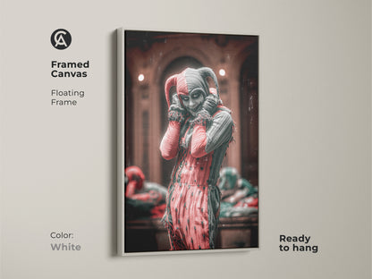 Gothic Crimson & Black canvas artwork with white frame. Ideal for alternative spaces and dark academia art lovers. This framed print is ready to hang. A unique harlequin jester wall art that brings macabre vibes to any room or office workspace.