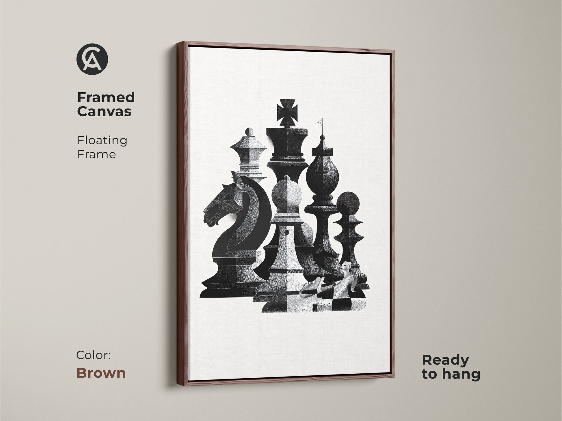 Elevate your decor with this framed canvas of abstract chess artwork. The floating frame adds a unique dimension. This monochrome wall art is ready to hang. The geometric knight print serves as office decor in brown.