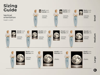 Sizing guide for vertical abstract moon artwork. Available in canvas or poster print. Sizes range from small medium and large. Decorate any room with this lunar craters art print.