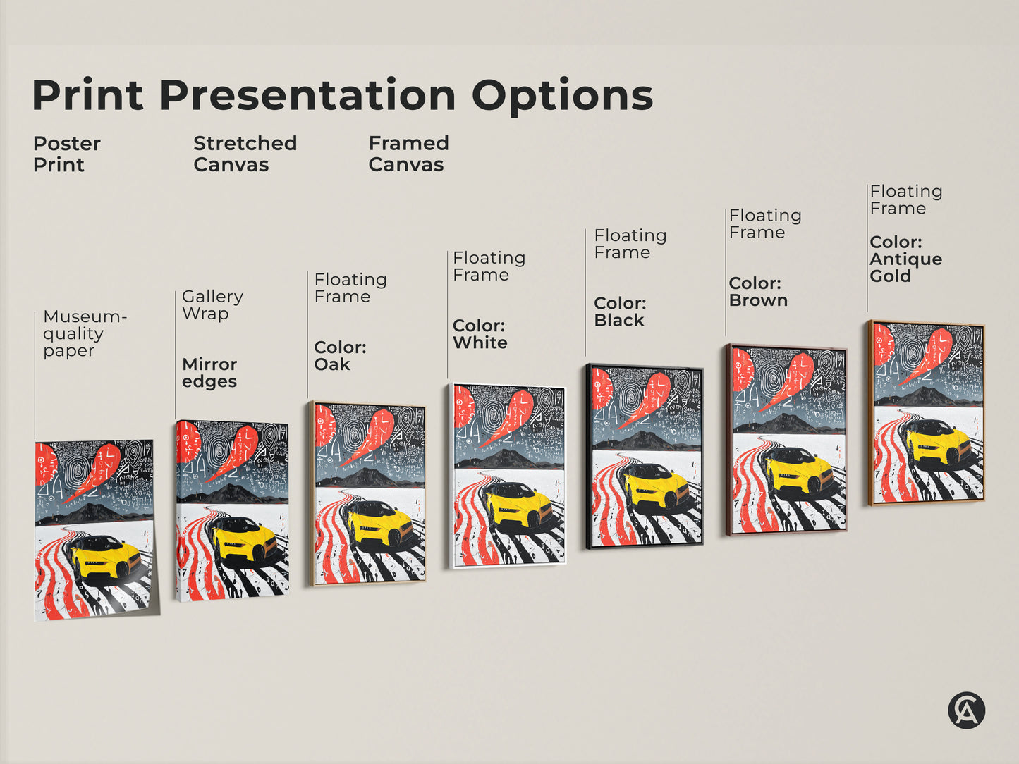 Explore our print presentation options for this modern yellow sports car art. Choose from poster prints stretched canvas and framed canvas. Find the perfect contemporary office wall decor or a unique gift for car enthusiasts. Each format enhances this bold artwork.