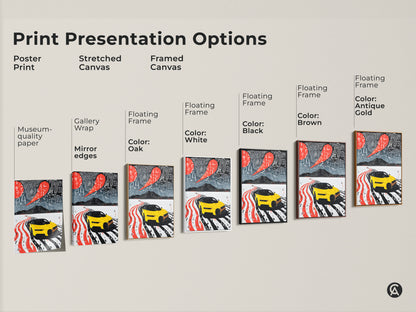 Explore our print presentation options for this modern yellow sports car art. Choose from poster prints stretched canvas and framed canvas. Find the perfect contemporary office wall decor or a unique gift for car enthusiasts. Each format enhances this bold artwork.
