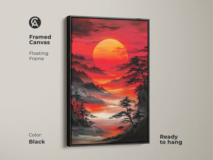 Framed canvas with a floating frame in black showcasing Asian landscape art. The red sunrise over misty mountains and pine trees creates a dramatic effect. Ready to hang eclectic home decor adds color to any room.