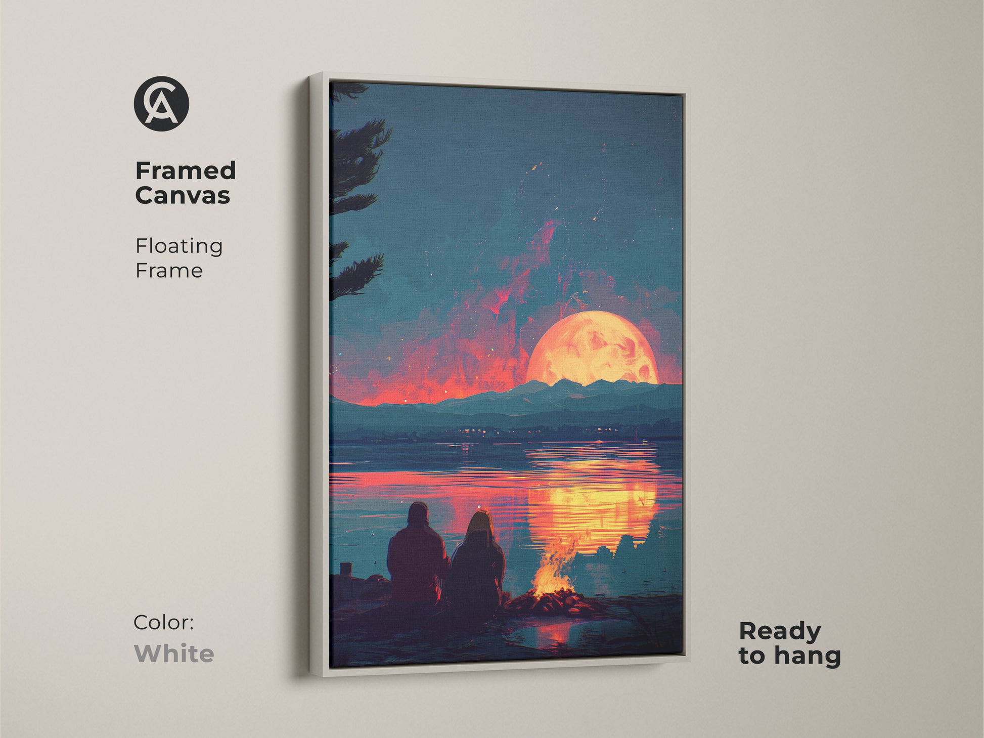 Framed canvas print with a white floating frame showcasing a couple by a campfire. The sunset scene in teal and crimson brings a romantic touch. This ready-to-hang art is ideal for creating a cozy ambiance. It is a thoughtful anniversary gift or a charming addition to any living space.