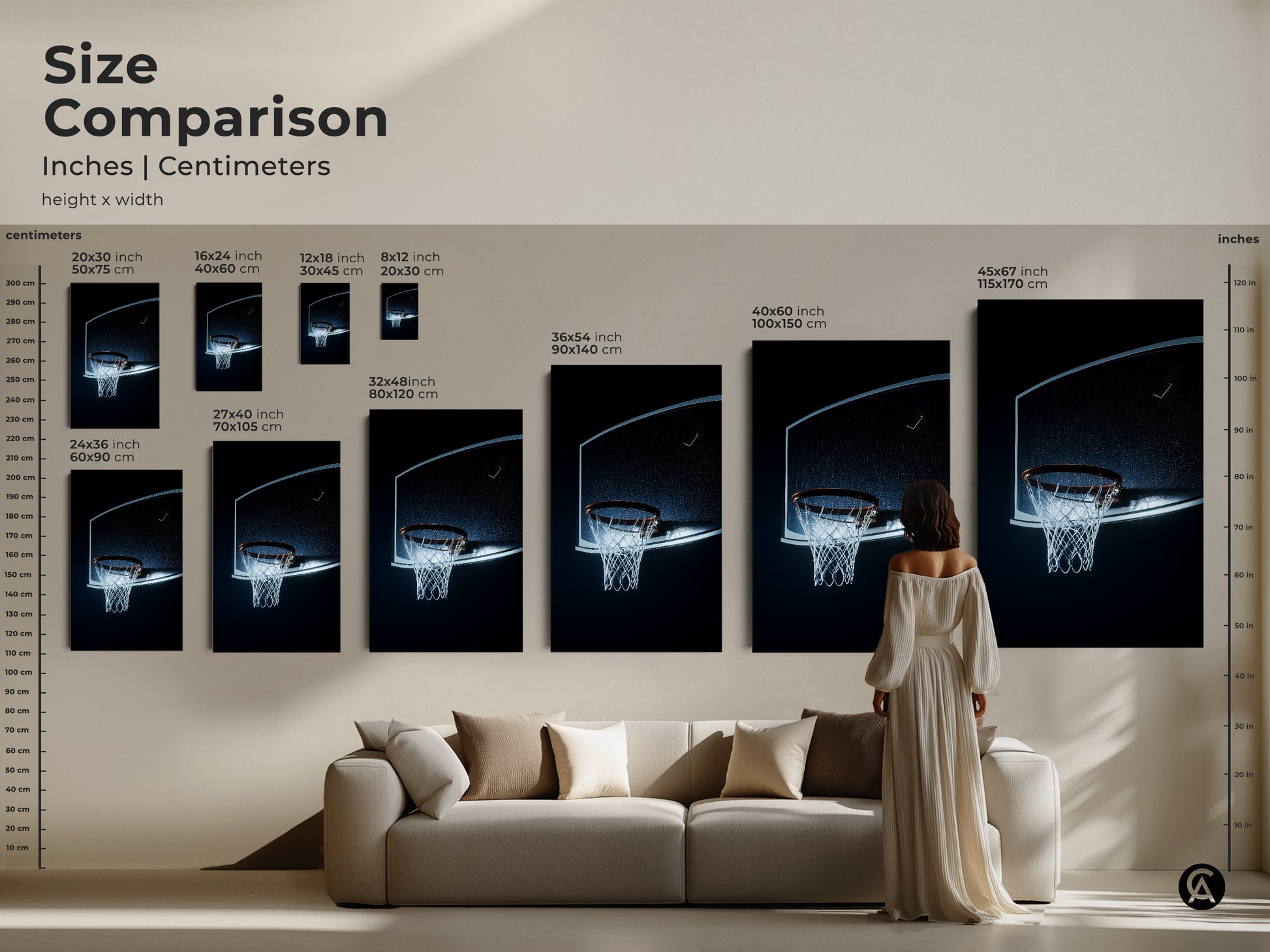 Size comparison of basketball hoop art prints. Inches and centimeters displayed. Various sizes available to fit any space. Perfect for man caves sports-themed rooms or as a gift for basketball fans. Choose the right size now.