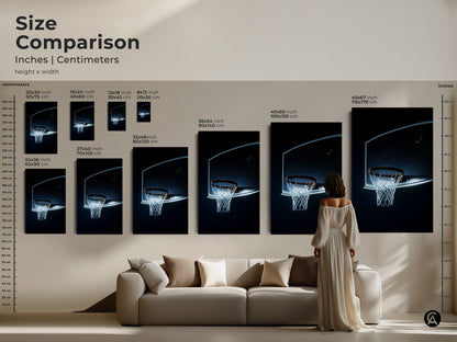 Size comparison of basketball hoop art prints. Inches and centimeters displayed. Various sizes available to fit any space. Perfect for man caves sports-themed rooms or as a gift for basketball fans. Choose the right size now.