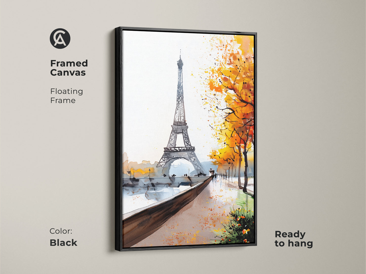 Framed Canvas with a floating black frame. Features the Paris Eiffel Tower. This watercolor landscape wall art includes autumn trees. It's French cityscape artwork and impressionistic Paris decor. Ready to hang in your home.