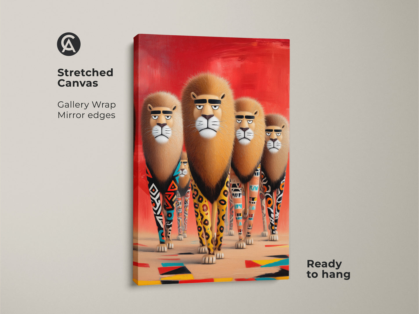 Stretched canvas art shows lions with tribal geometric legs against a red background. This wildlife canvas print is ready to hang making it perfect for eclectic bedroom decor. The animal artwork brings a modern eclectic style to any room and serves as a unique animal lover gift.