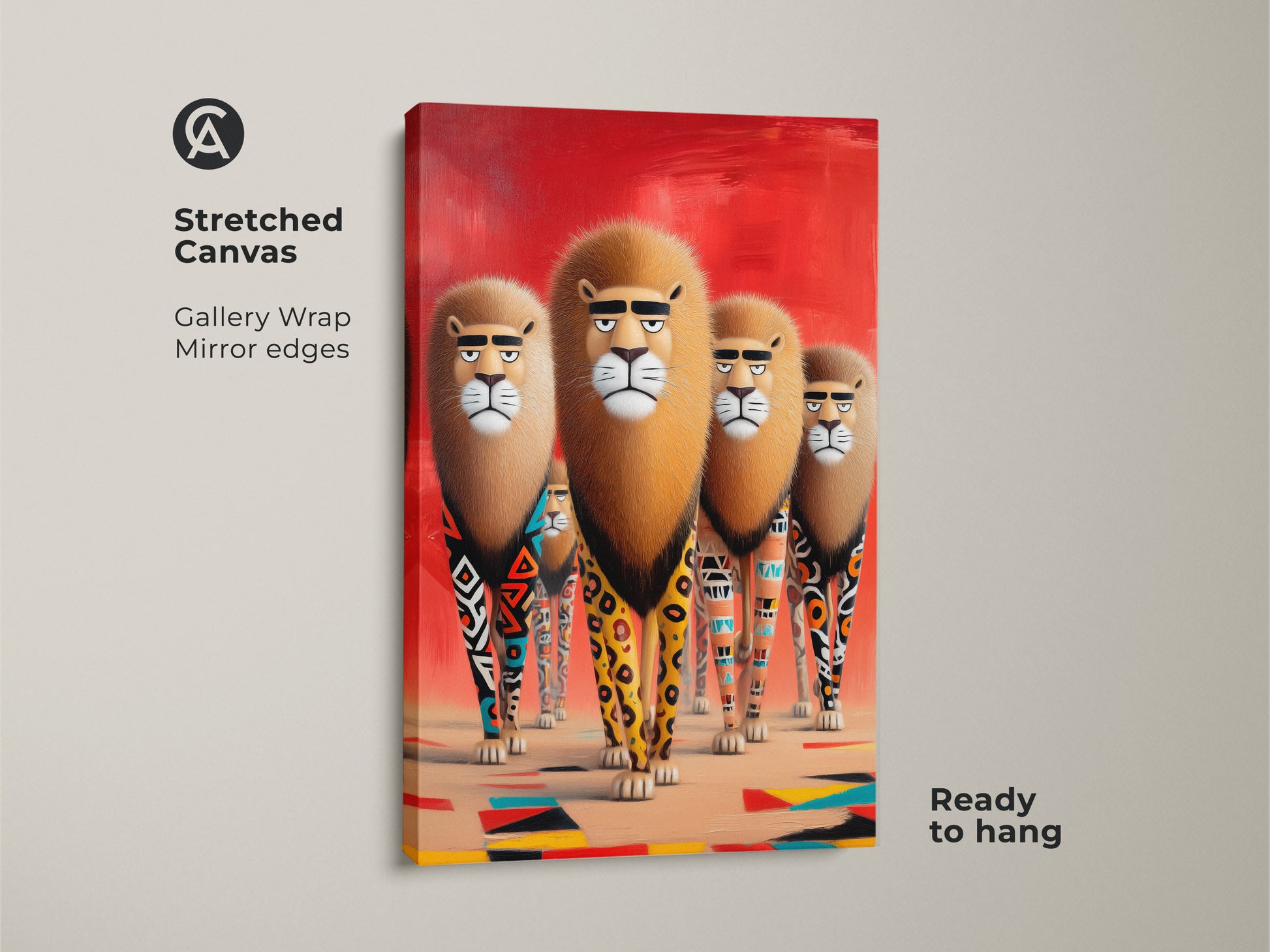 Stretched canvas art shows lions with tribal geometric legs against a red background. This wildlife canvas print is ready to hang making it perfect for eclectic bedroom decor. The animal artwork brings a modern eclectic style to any room and serves as a unique animal lover gift.