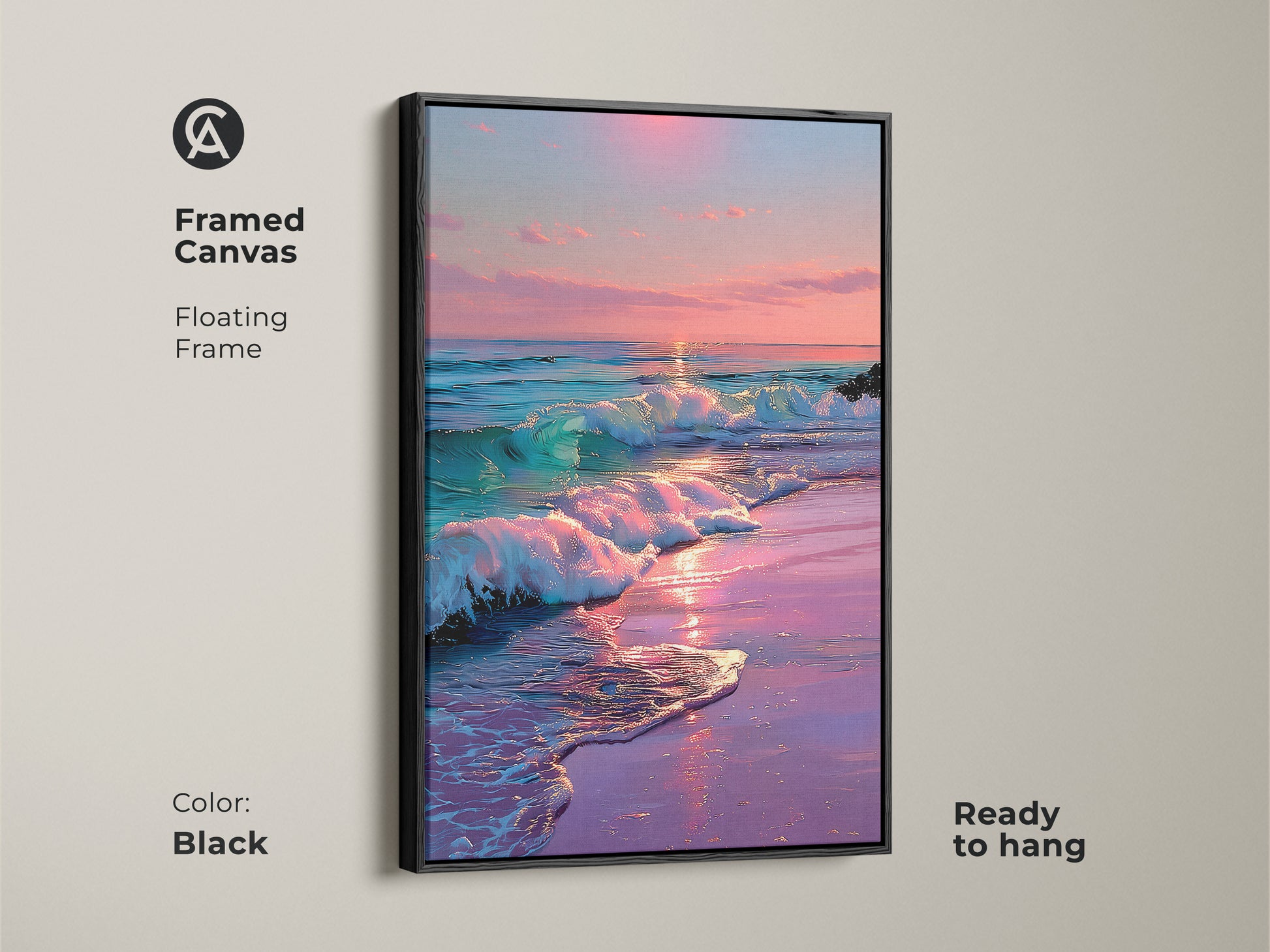 Framed canvas floating frame in black. Dreamy ocean sunset coastal beach waves wall art. Ready to hang pink purple teal seascape painting. Bedroom decor beach theme.