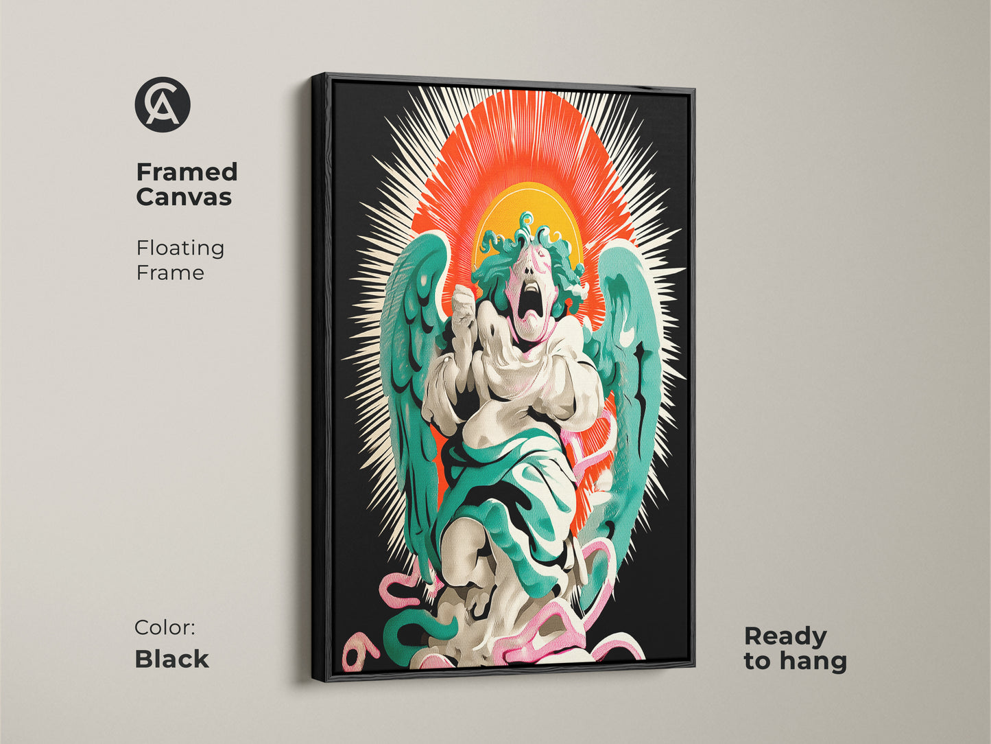 Framed canvas art featuring a screaming angel. Floating frame design. This surrealism sunburst print offers a pop surrealist aesthetic. Brown frame complements the red orange teal hues. Gothic artwork adds an eclectic touch to home or office.