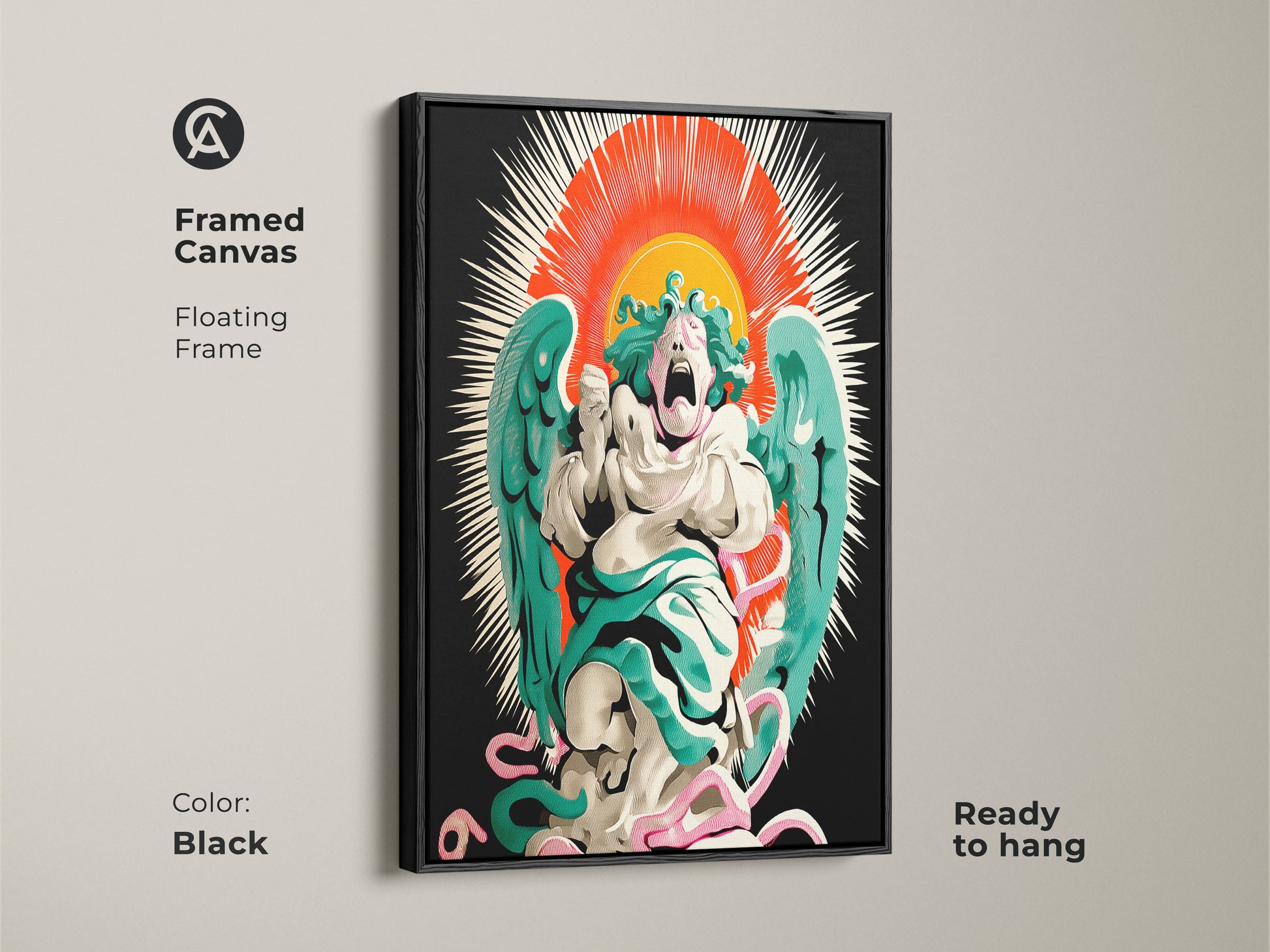 Framed canvas art featuring a screaming angel. Floating frame design. This surrealism sunburst print offers a pop surrealist aesthetic. Brown frame complements the red orange teal hues. Gothic artwork adds an eclectic touch to home or office.
