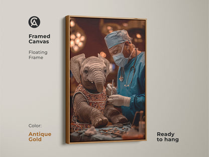 An Elephant Surgeon Framed Canvas in an antique gold floating frame. This ready to hang art is a surreal medical piece perfect for vets. It's a unique animal canvas showcasing quirky surgery artwork. Ideal for eclectic homes and a thoughtful gift for medical professionals. This is a standout veterinary office decor.