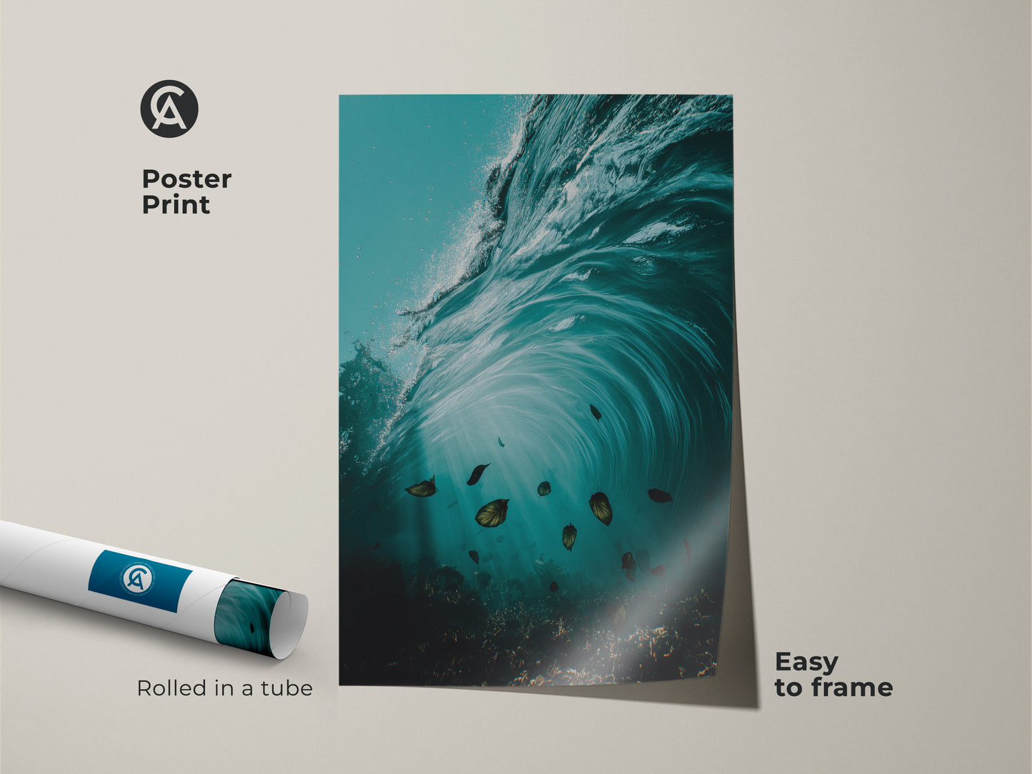 Easy to frame poster print of a coastal wave. This museum-quality paper shows underwater ocean art. Teal aqua wall decor with fish and swirls. The rolled tube has surrealism style beach house gift.