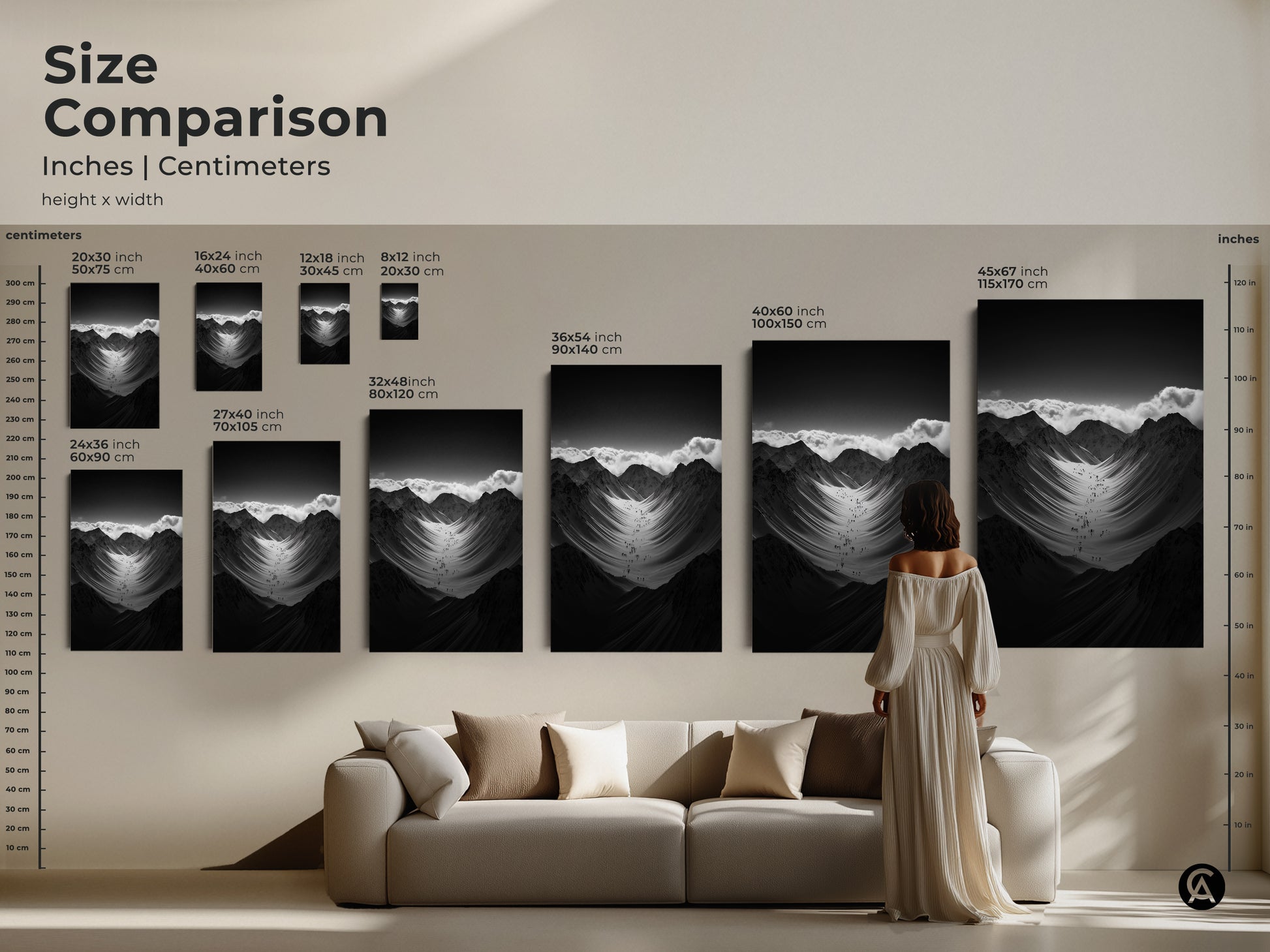Size comparison of monochrome mountain art prints in inches and centimeters. See how the artwork fits above a sofa. Available in various sizes from small to extra-large. Perfect as wall decor for a bedroom or living room.