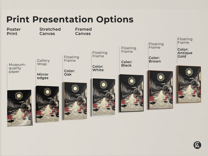 Explore print presentation options for Mediterranean village street artwork. Options include a poster print a stretched canvas and framed canvas. Each style enhances the black red and beige wall decor. Ideal housewarming art for travel lovers bringing a touch of European cafe aesthetic to any home.