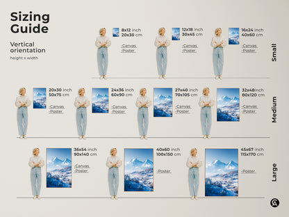 Sizing guide for vertical winter mountain artwork. Available in canvas and poster prints. Choose from small medium and large sizes. Find the perfect fit for your space. Transform your home with stunning winter art.