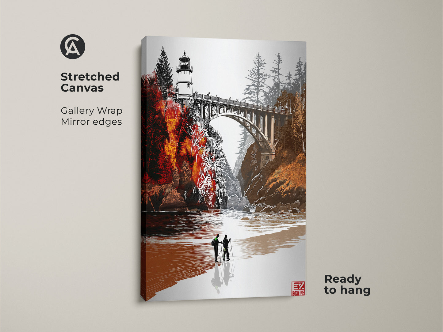 Stretched canvas art print of a lighthouse and bridge. Gallery wrapped with mirrored edges this orange red coastal landscape enhances any space. Ready to hang. This maritime scenic artwork brings a rustic touch. Ideal farmhouse entryway wall decor and a perfect housewarming gift for travelers.