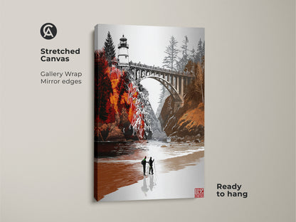 Stretched canvas art print of a lighthouse and bridge. Gallery wrapped with mirrored edges this orange red coastal landscape enhances any space. Ready to hang. This maritime scenic artwork brings a rustic touch. Ideal farmhouse entryway wall decor and a perfect housewarming gift for travelers.