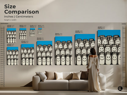 Size comparison of Smiley Face Jar wall art in inches and centimeters. A woman in a white dress stands in front of a couch to represent the size. Retro Pop Art canvas prints range from small to large formats perfect for any space. Blue abstract artwork as a contemporary home decor.