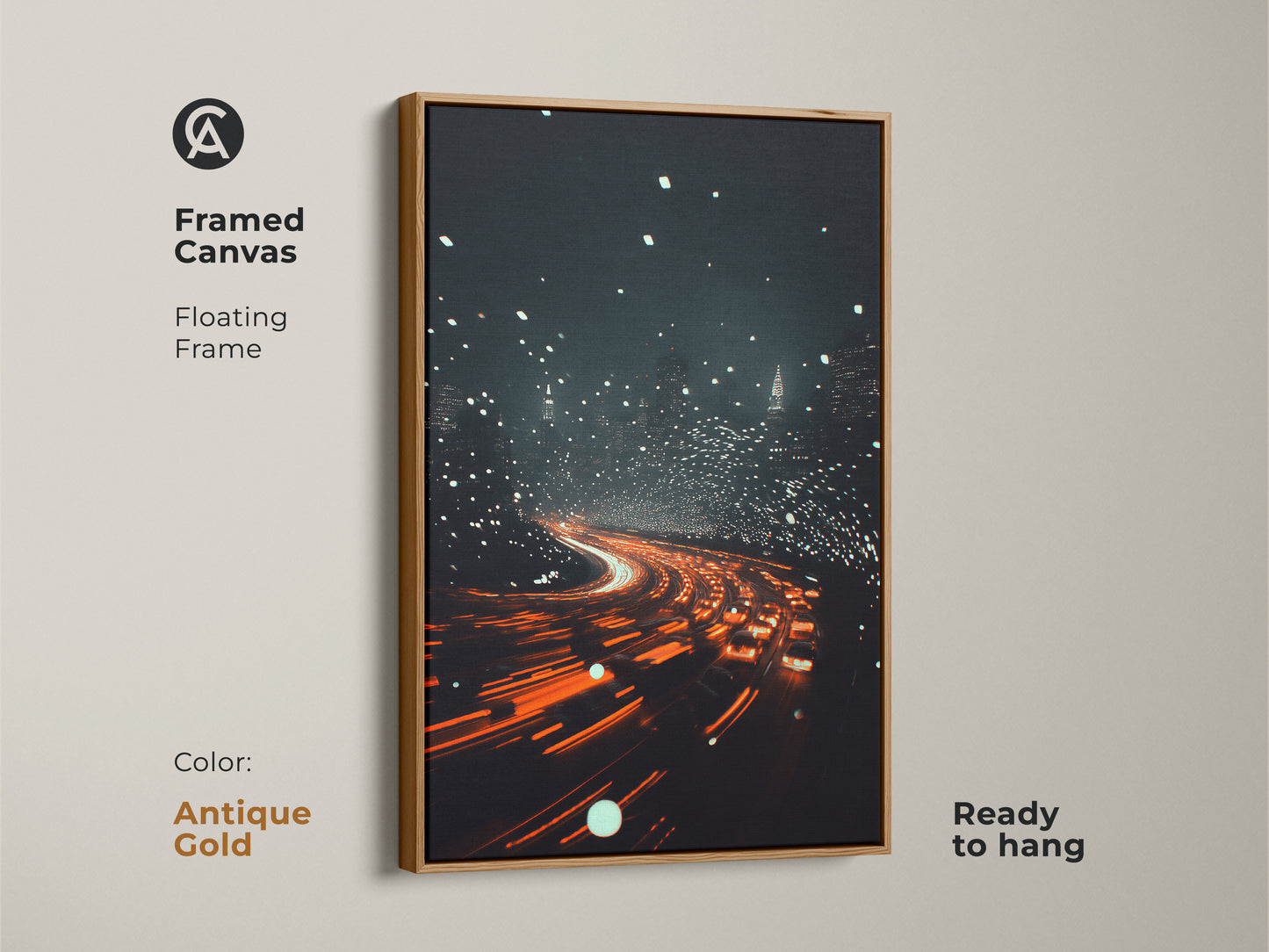 Framed Canvas features a floating frame showcasing the city at night wall hanging. The antique gold frame enhances the orange and red artwork. Contemporary urban decor makes a great housewarming gift. The modern art print night is ready to hang.
