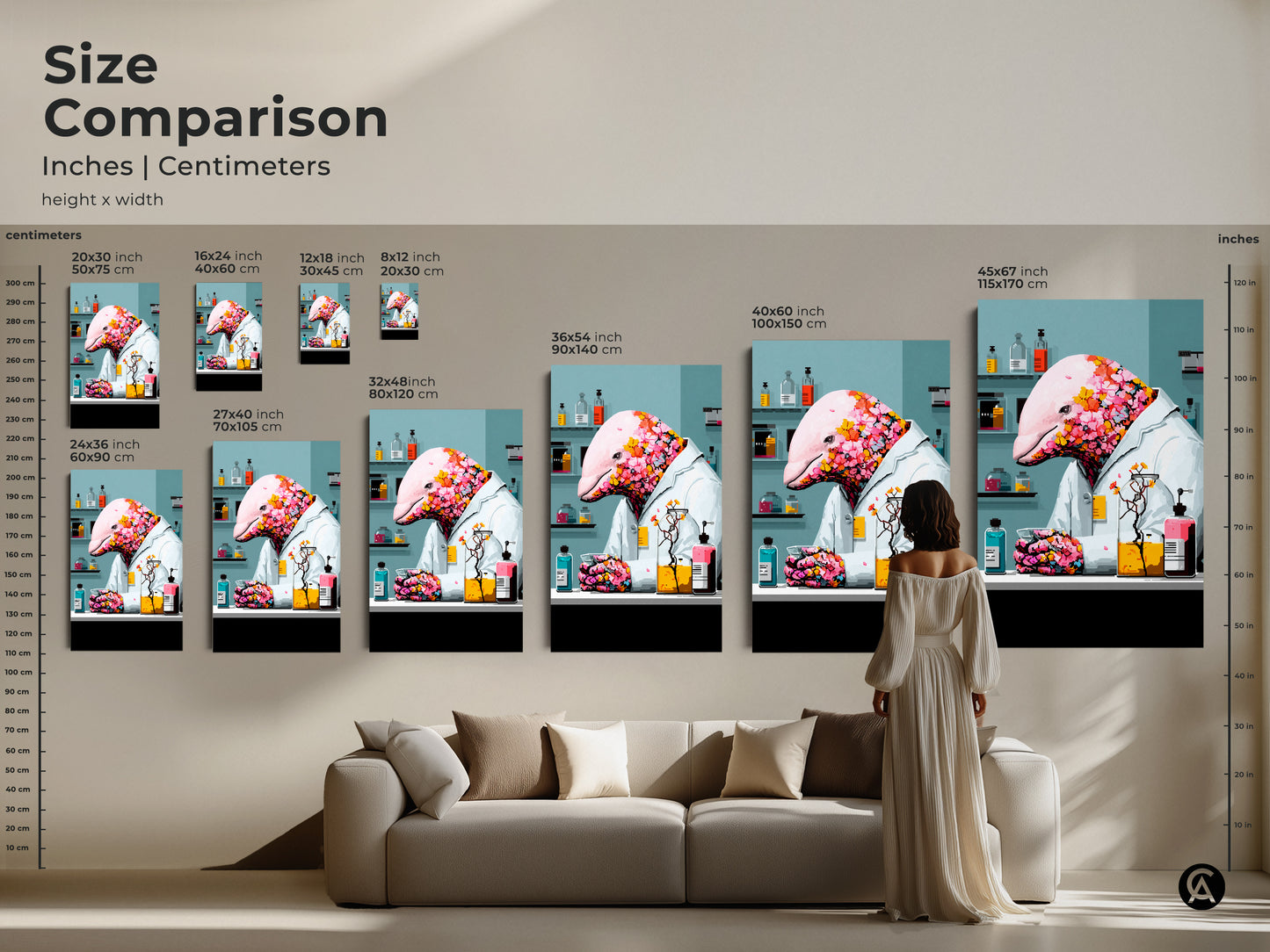 Size comparison inches centimeters of the surreal dolphin scientist art. The flower adorned dolphin canvas comes in various sizes. It is unique gift for scientist eclectic office decor whimsical nature art. The science lover will love this art