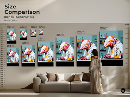 Size comparison inches centimeters of the surreal dolphin scientist art. The flower adorned dolphin canvas comes in various sizes. It is unique gift for scientist eclectic office decor whimsical nature art. The science lover will love this art
