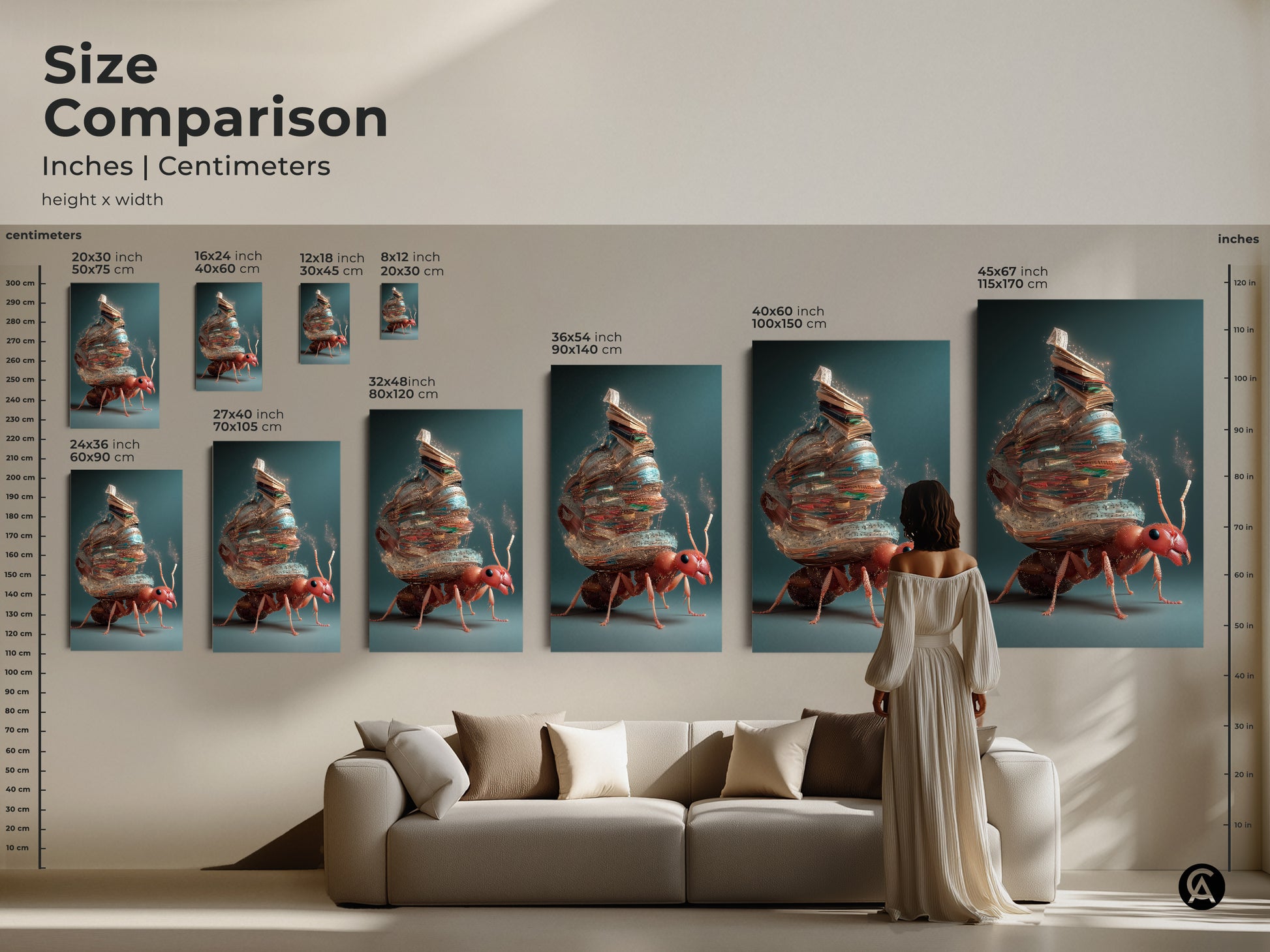 Compare sizes of the fantasy ant artwork in inches and centimeters. Imagine the canvas print above a sofa. Visualize how the sizes fit in your space. The art featuring an ant carrying books is perfect for eclectic homes.