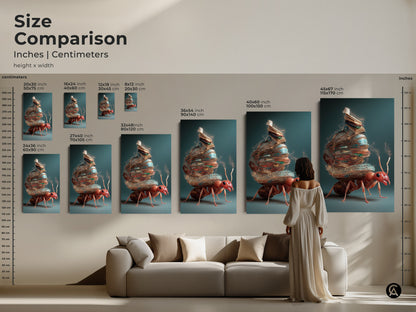 Compare sizes of the fantasy ant artwork in inches and centimeters. Imagine the canvas print above a sofa. Visualize how the sizes fit in your space. The art featuring an ant carrying books is perfect for eclectic homes.