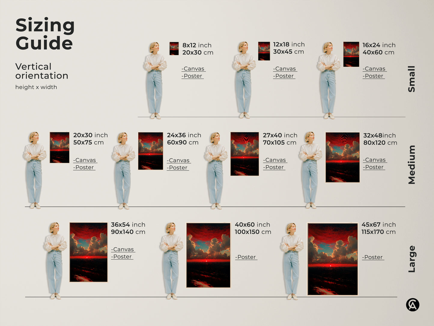 Sizing guide for vertical crimson sunset canvas and poster prints. Available in small medium and large sizes. Find the perfect fit for your space. This red and teal skyscape wall art is ideal for any room. A great housewarming gift for him.