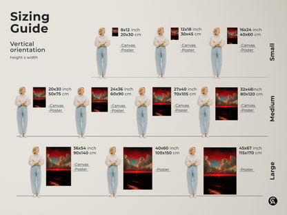 Sizing guide for vertical crimson sunset canvas and poster prints. Available in small medium and large sizes. Find the perfect fit for your space. This red and teal skyscape wall art is ideal for any room. A great housewarming gift for him.