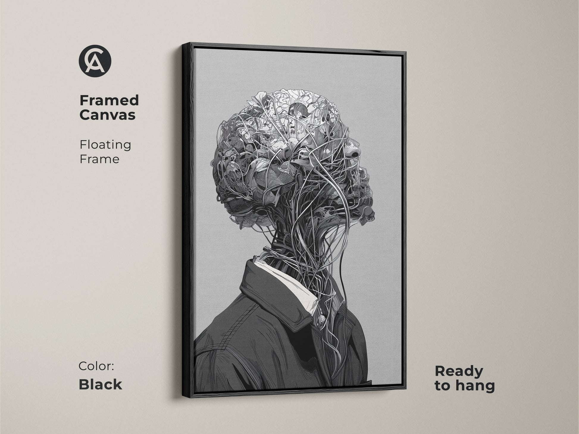 Framed canvas artwork with a floating frame. The color of the frame is black. The art features a surreal botanical head. The canvas is ready to hang. This piece adds a modern touch to any space.