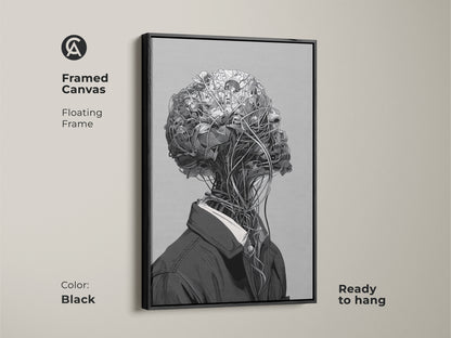 Framed canvas artwork with a floating frame. The color of the frame is black. The art features a surreal botanical head. The canvas is ready to hang. This piece adds a modern touch to any space.