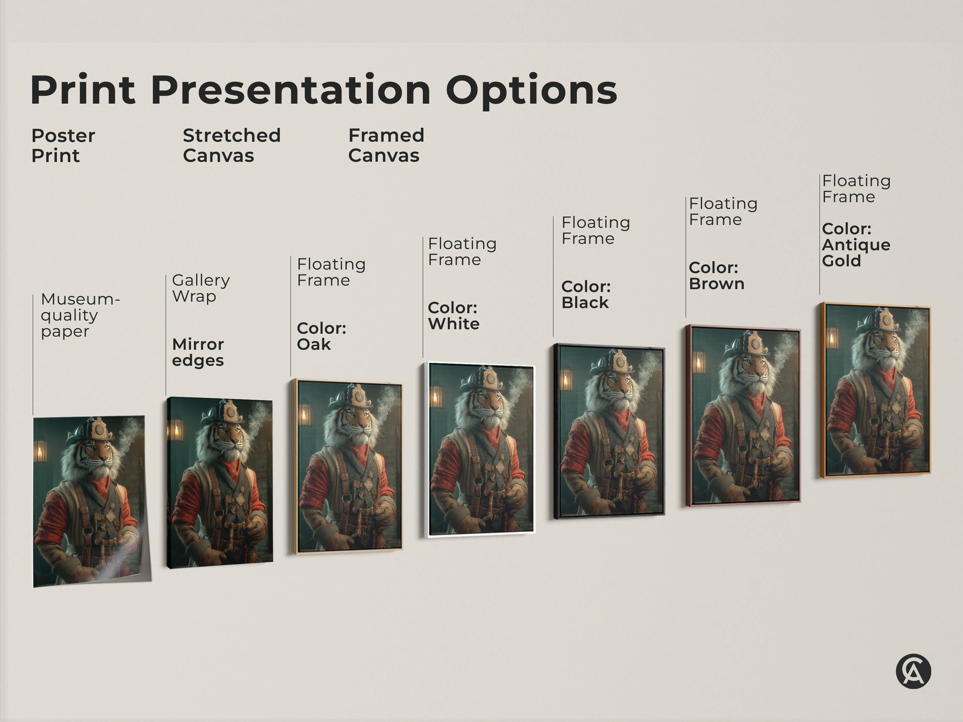 Print presentation options showcasing the steampunk firefighter tiger canvas. Choose from poster print stretched canvas or framed canvas. Options include museum-quality paper gallery wrap & floating frame. Available in oak black brown antique gold & white. Perfect for animal fantasy enthusiasts.