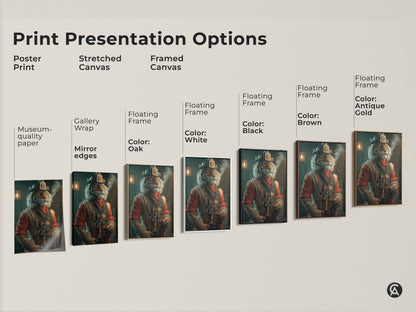 Print presentation options showcasing the steampunk firefighter tiger canvas. Choose from poster print stretched canvas or framed canvas. Options include museum-quality paper gallery wrap & floating frame. Available in oak black brown antique gold & white. Perfect for animal fantasy enthusiasts.