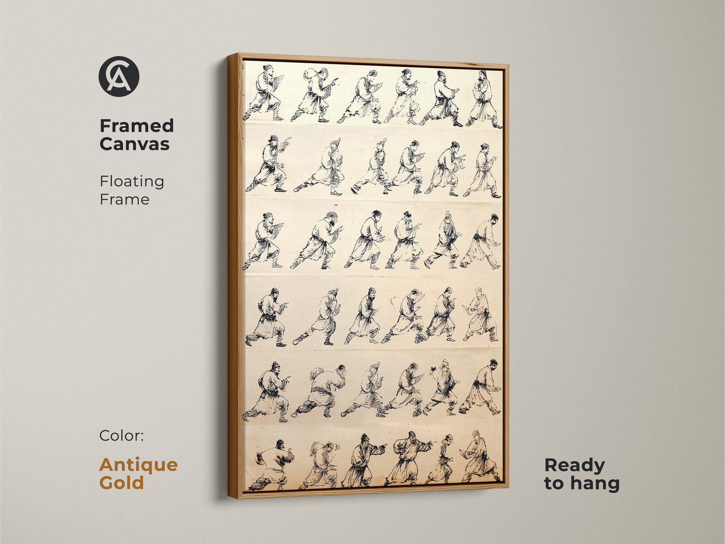 A framed canvas in antique gold showcases traditional Chinese ink wash art. This minimalist black and white artwork features martial arts warrior movement studies. The floating frame wall decor brings disciplined energy and historical depth. Ready to hang and enjoy.