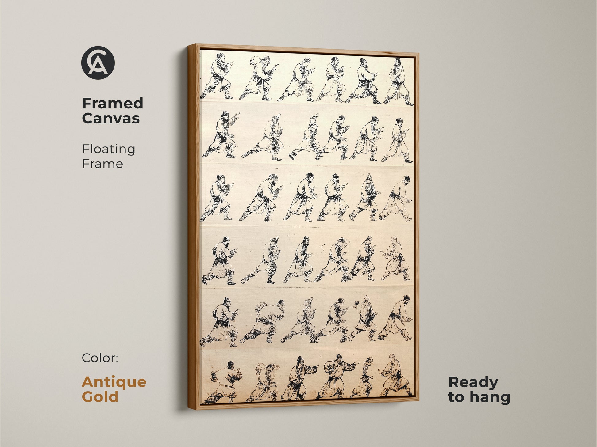A framed canvas in antique gold showcases traditional Chinese ink wash art. This minimalist black and white artwork features martial arts warrior movement studies. The floating frame wall decor brings disciplined energy and historical depth. Ready to hang and enjoy.