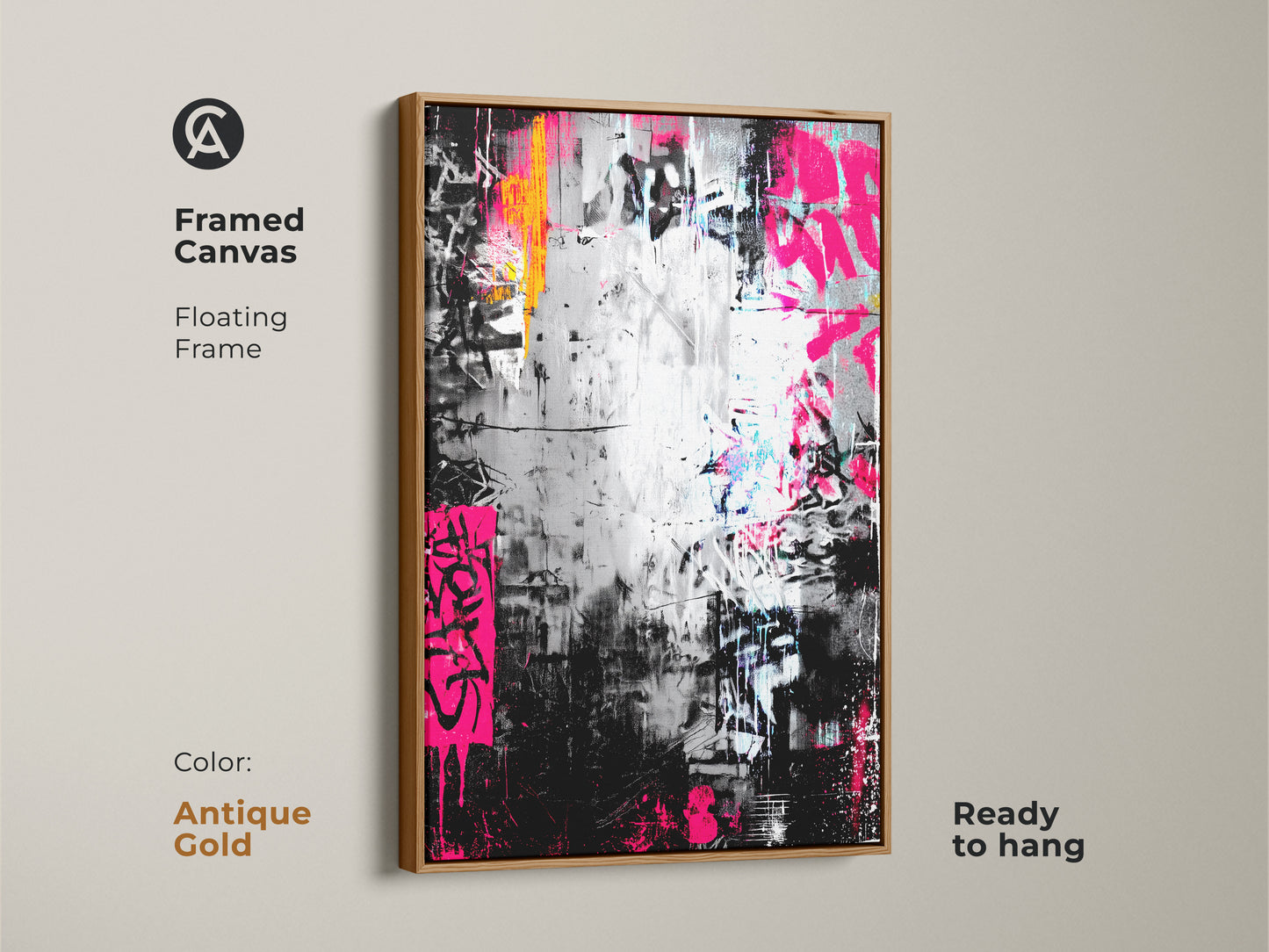 Framed canvas of graffiti artwork with an antique gold floating frame. The art has bold pink and orange details on a black and silver background. Enhance decor with this ready-to-hang canvas.