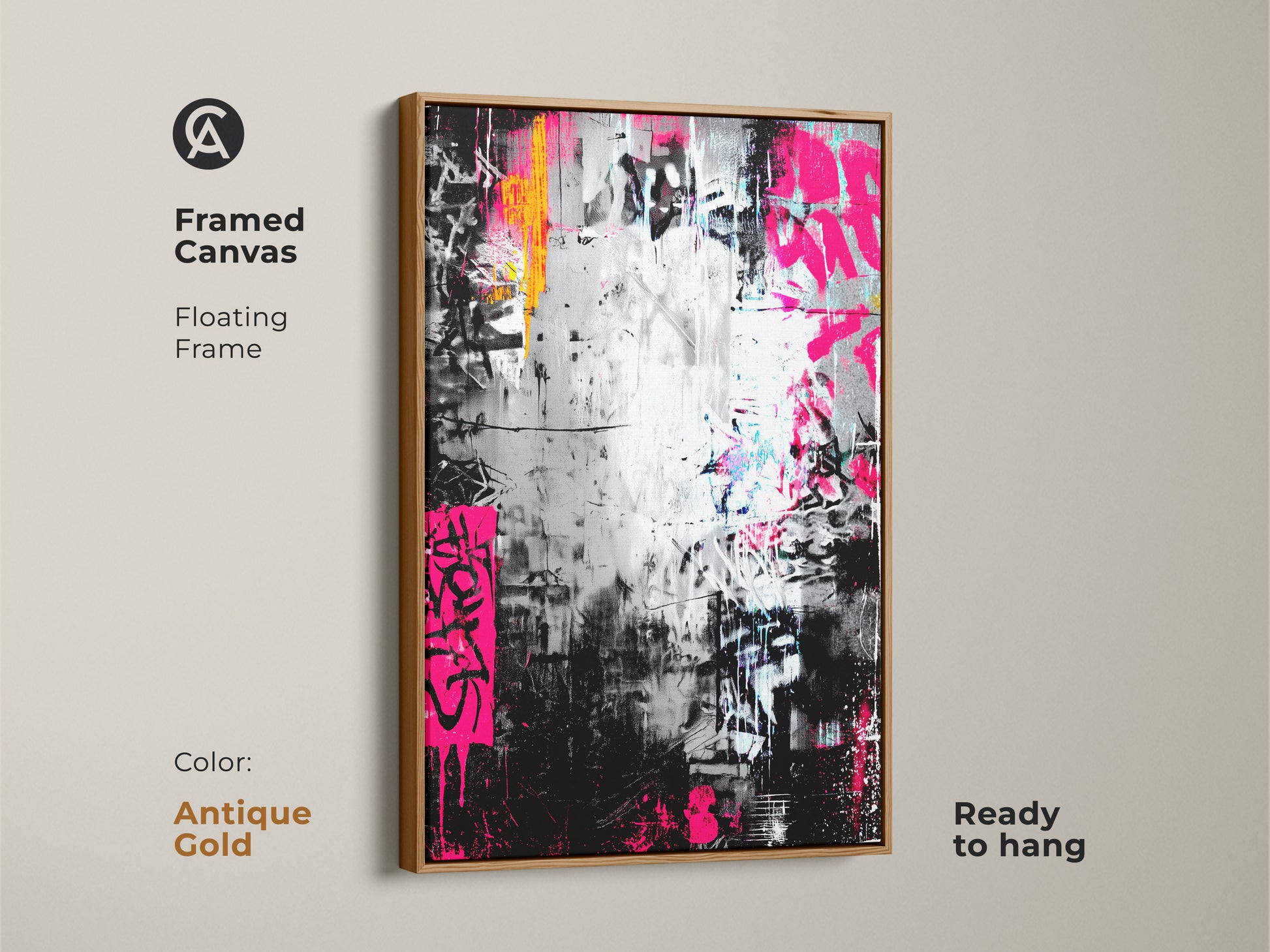 Framed canvas of graffiti artwork with an antique gold floating frame. The art has bold pink and orange details on a black and silver background. Enhance decor with this ready-to-hang canvas.