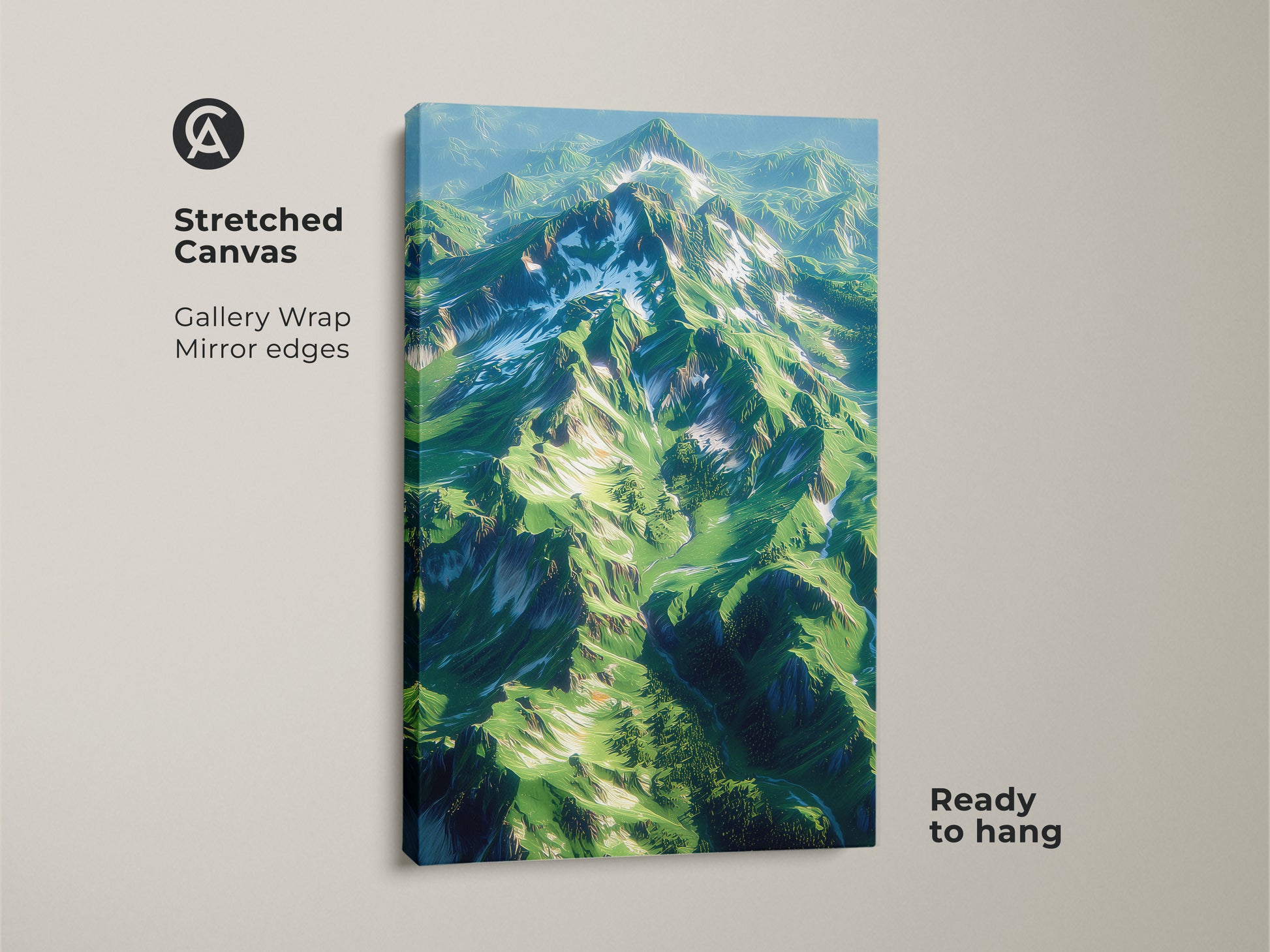 Bring the outdoors in with this stunning stretched canvas artwork. The gallery wrap and mirror edges create a seamless viewing experience. The lush green mountain art is ready to hang adding natural beauty to any room.